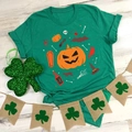 Grünes Damen T-Shirt mit Rundhals und Halloween Kürbis Grafik Print Design - S / Dunkelgrün