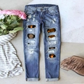 Jeans blu a gamba dritta a vita media con toppe Every Child Matters e dettagli consumati - 3XL / Stampa palmo