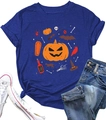 Dunkelblaues Halloween-T-Shirt mit Kürbis-Print, kombiniert mit stylischen Denim-Shorts - S / Vintage-Blau