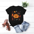 Damen Halloween T-Shirt mit Kürbis- und Fledermausdruck auf weißem Holzflachbett - S / Schwarz
