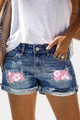 Detalle de pantalones cortos vaqueros desgastados con parches de flores y dobladillo - 3XL / Azul con floral rosa