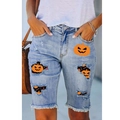 Women's Halloween denim shorts with pumpkin prints and distressed ripped hem details - S / Light Blue (Pumpkin Face)