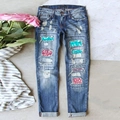 Women's leopard patch ripped blue denim jeans with sequin details and rolled cuffs - 3XL / Rose Red + Blue Polka Dot Leopard