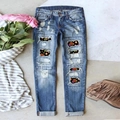 Blue ripped jeans with Halloween pumpkin and skull printed patches in slim fit - 3XL / Star Pumpkin Style