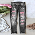 Pantaloni denim slim grigi da donna con toppe leopardate rosa e dettagli glitterati - S / Grigio con Toppe Leopardo Rosa