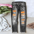 Dunkelgraue Jeans im Distressed-Look mit Leopardenprint und orangen Pailletten-Patches - 3XL / Dunkelgrau + Orange Leoparden Patch
