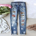 Jeans natalizi da donna con toppe festive e stampe di fiocchi di neve - 3XL / Blu Patchwork Fiocco