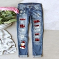 Jeans dritti da donna blu con stampa pupazzo di neve di Natale e toppe scozzesi - S / Blu Stampa Pupazzo di Neve