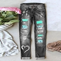 Jeans dritti vintage grigio lavato da donna con toppe leopardate e stampa a cuore - S / Grigio Con Leopardo Verde Menta