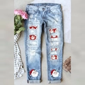 Women's light blue Christmas jeans with Santa Claus prints and distressed ripped details - S / Light Blue