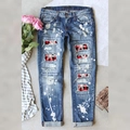 Jeans blu da uomo con toppe a fiocco di neve e schizzi di vernice bianca artistici - S / Stampa a Pois Bianchi