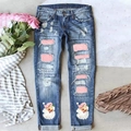 Slim blue ripped jeans featuring Santa Claus prints and pink patch details for Christmas - S / Blue Patch Pink Santa