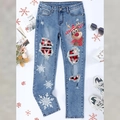 Women's Christmas ripped jeans with reindeer print and snowflake patterns in light blue - S / Light Blue Christmas Print