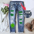 Vaqueros de mujer para San Patricio con estampado de trébol verde y detalles de rotos modernos - S / Azul oscuro