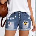 Short en jean avec imprimés d'étoiles, patch aigle, détails déchirés et taille haute - S / Bleu Moyen (TP6011601)