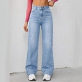 Detailed texture of light wash denim fabric on high-waisted wide leg jeans for women - S / Light Blue