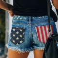 Women's denim shorts with American flag pockets and frayed hem for summer casual style - M / Striped Print Style