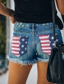 Pantaloncini denim blu da donna con tasche a bandiera americana e orlo sfilacciato - S / Blu scuro
