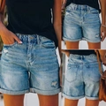 Short en jean taille haute bleu clair pour femme avec déchirures et revers aux bords - L / Bleu clair