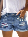 Women's dark blue distressed denim shorts with American flag inserts and star patches - S / Denim Blue