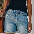 Pantalones cortos vaqueros de cintura alta en azul claro con rotos y dobladillo - S / Azul claro