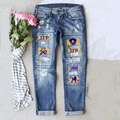 Jeans blu a vita media con stampe Sigma Gamma Rho e dettagli strappati alla moda - 3XL / Blu