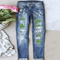 Jeans slim blu scuro da donna con strappi e inserti leopardati in verde fluorescente - 3XL / Blu/Patch Leopardato Verde