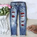 Women's slim fit distressed blue jeans with stylish red and black buffalo plaid patches - Red Checkered - Blue / 3XL