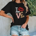 Women's black LOVE print T-shirt with leopard and lip patterns, casual street style outfit - S / Black