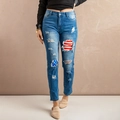Women's ripped blue jeans with American flag patches and a distressed wash finish - S / Light Blue