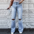 Damen Hellblaue High-Waist-Jeans mit weitem Bein und Rissen im Retro-Street-Look - XS / Hellblau