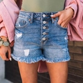 High waist denim shorts with five-button fly and distressed frayed hem in classic blue wash - S / Indigo