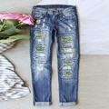 Damen Blue Jeans mit Distressed-Effekten und modischen Kleeblatt-Mustereinsätzen - S / Blau mit Kleeblatt-Streifen-Patches