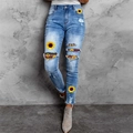 Vaqueros ajustados de cintura alta con rotos, parches de girasol y rayas de colores - S / Girasol Azul Claro