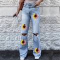 Jeans a zampa a vita alta da donna con stampa girasole e bandiera USA in denim blu - S / Blu Chiaro Stampa Girasole