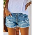 Pantaloncini di jeans blu da donna con chiusura a bottoni, dettagli strappati e bordi sfilacciati - S / Azzurro