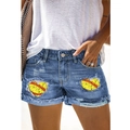 Damen-Jeansshorts in Blau mit herzförmigen Softball-Patches und ausgefransten Säumen - S / Blau Mit Baseball-Herz