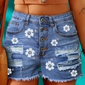 Women high waisted light blue denim shorts with daisy print and distressed ripped details - S / Light Blue Daisy Print