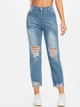 Dames high waist lichtblauwe distressed straight jeans met kniescheuren en gerafelde zoom - 3XL / Lichtblauw