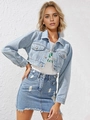 Close-up of light blue denim jacket with worker pockets and frayed hem details - XS / Blue