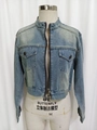 Detail view of light blue denim jacket with stand collar, zipper and utility chest pockets - S / Light Blue