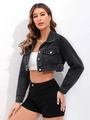 Detail of washed black cropped denim jacket with silver buttons and chest pockets - XS / Black