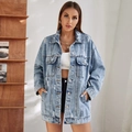 Light blue oversized distressed denim jacket with ripped details and a casual wash - S / Blue Denim