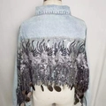 Hellblaue Denim-Jacke mit funkelnder Silberpailletten-Stickerei und Paillettenfransen-Besatz - XS / Blau