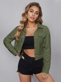 Detail of army green cropped denim jacket featuring silver metal buttons and chest pockets - XS / Army Green