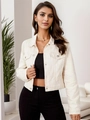 Close-up detail of cream short denim jacket with metal buttons and chest pockets - XS / Beige Apricot