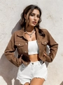 Detailed texture of brown cropped corduroy jacket with silver buttons and flap pockets - Dark Coffee