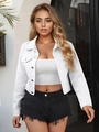 Detail of a cropped white denim jacket for women featuring classic collar and metal buttons - XS / White
