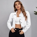 Women's white cropped denim jacket with stylish puff sleeves and metal button closure - White