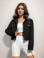 Detail view of black cropped denim jacket with silver metal buttons and flap chest pockets - XS / Black
